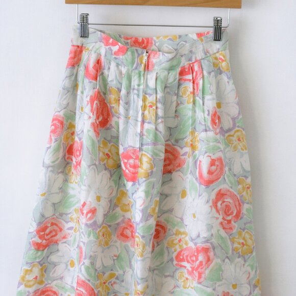 V I N T A G E 90's Irish Linen Floral Print Pleated Midi Skirt - Picture 5 of 5